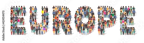 Large group of people standing together forming Europe word, flat vector illustration. Europe population, business.