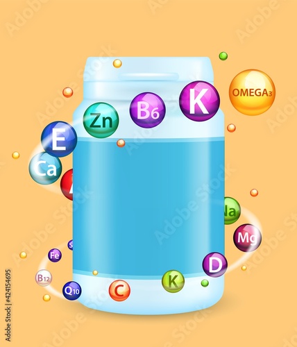 Vitamin and mineral complex ad, vector poster, banner template. Multivitamin plastic bottle mockup. Dietary supplement.