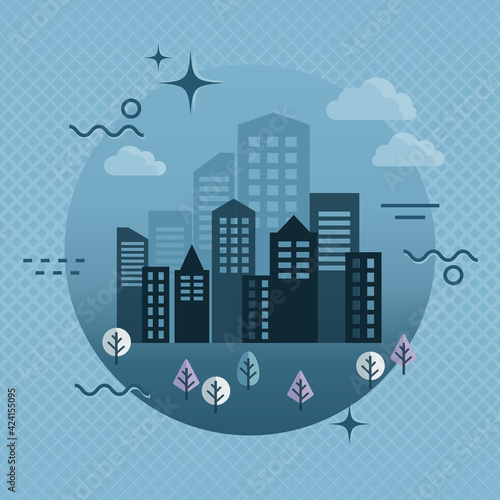 Cityscape with downtown business buildings at night, vector