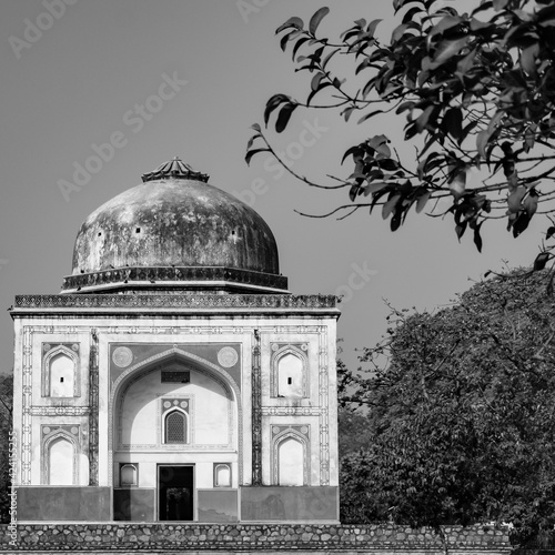 Inside view of architecture tomb inside Sunder Nursery in Delhi India, Sunder Nursery is World Heritage Site located near Humayun's Tomb in Delhi, Sunder Nursery inside view – Black and White photo