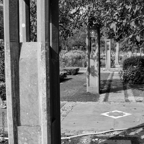 Inside view of architecture tomb inside Sunder Nursery in Delhi India, Sunder Nursery is World Heritage Site located near Humayun's Tomb in Delhi, Sunder Nursery inside view – Black and White photo