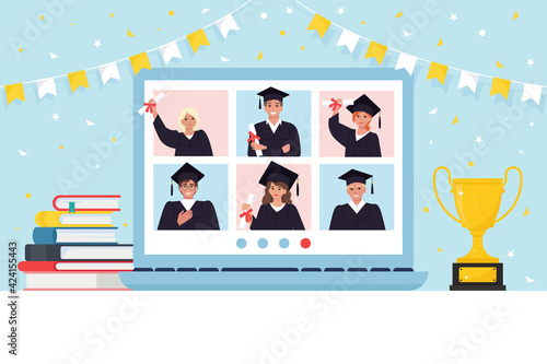 Video conference with graduate students group in graduation gown, meeting online. Friends talking on video. Laptop screen, Book, Champion cup. Flat vector illustration