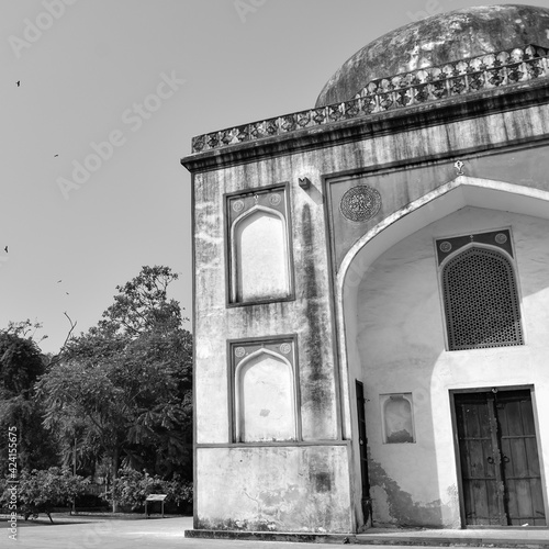 Inside view of architecture tomb inside Sunder Nursery in Delhi India, Sunder Nursery is World Heritage Site located near Humayun's Tomb in Delhi, Sunder Nursery inside view – Black and White photo