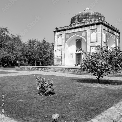 Inside view of architecture tomb inside Sunder Nursery in Delhi India, Sunder Nursery is World Heritage Site located near Humayun's Tomb in Delhi, Sunder Nursery inside view – Black and White photo