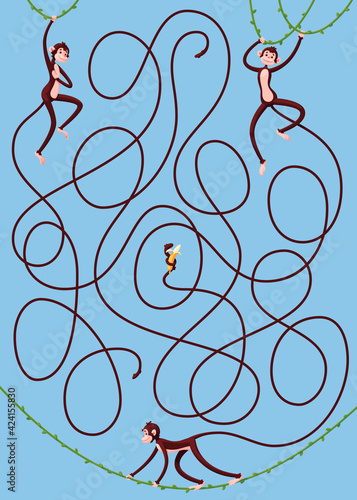 Three monkeys are hanging on vines. Guess which monkey is holding a banana with its tail? Children's rebus with a labyrinth in the form of a cartoon picture