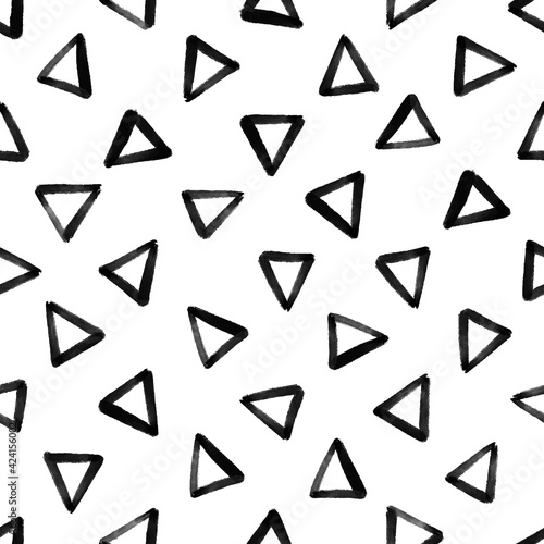 Abstract messy triangle monochrome seamless pattern. Hand drawn grunge brush sign black and white vector illustration.