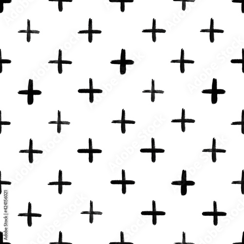 Abstract plus sign monochrome seamless pattern. Hand drawn black and white grunge brush vector illustration.