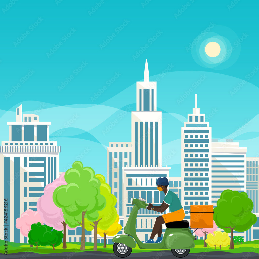 Young african guy in protective face mask with thermal bag for food delivery rides a green scooter on a spring background of colorful trees and cities, online delivery service and stay home concept