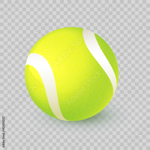 Vector realistic tennis ball closeup isolated on transparent background. Sport competition symbol. One big green tennis ball with texture and shadow. Vector illustration for your design EPS10