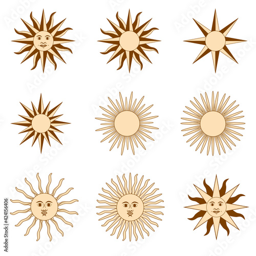 Magic concept, vintage sun with face, gold and black, engraving stylized. Illustration for astrology, boho design, pagan symbols for divination.