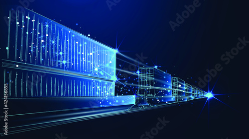 Wagon of freight train with containers on the blue background, abstract vector 3d. Transportation, logistics or international shipping concept. Digital polygonal low poly mesh illustration