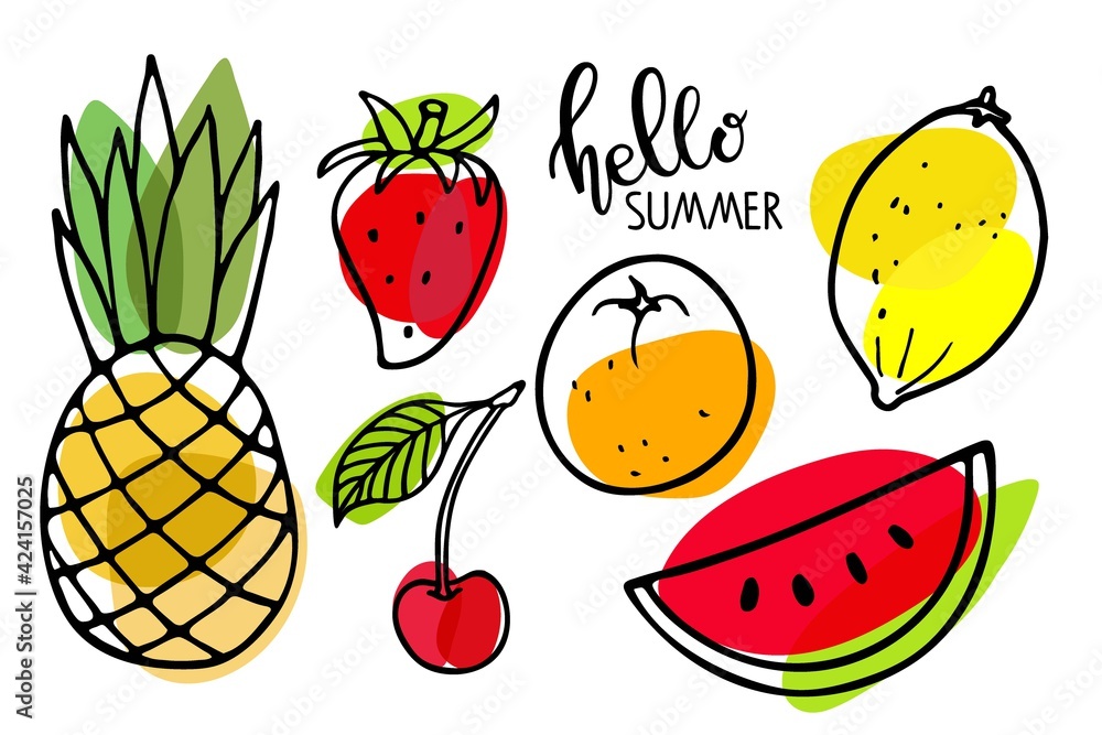 Summer seasonal fruit set. Watermelon, pineapple, strawberry, lemon, orange fruit, cherry sketch isolated. Bright fruits. Organic vector food. Eco healthy ingredient For poster, banner, coupon Summer seasonal fruit set. Watermelon, pineapple, strawberry, lemon, orange fruit, cherry sketch isolated. Bright fruits. Organic vector food. Eco healthy ingredient For poster, banner, coupon