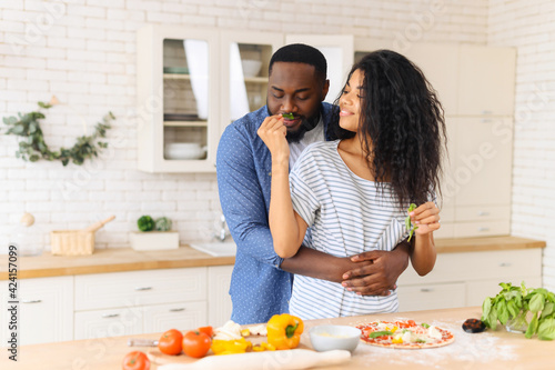Lovely African American couple standing next to kitchen counter, hugging, spending leisure time weekend together at home, girlfriend looking at boyfriend and giving to smell herbs mint, cooking pizza