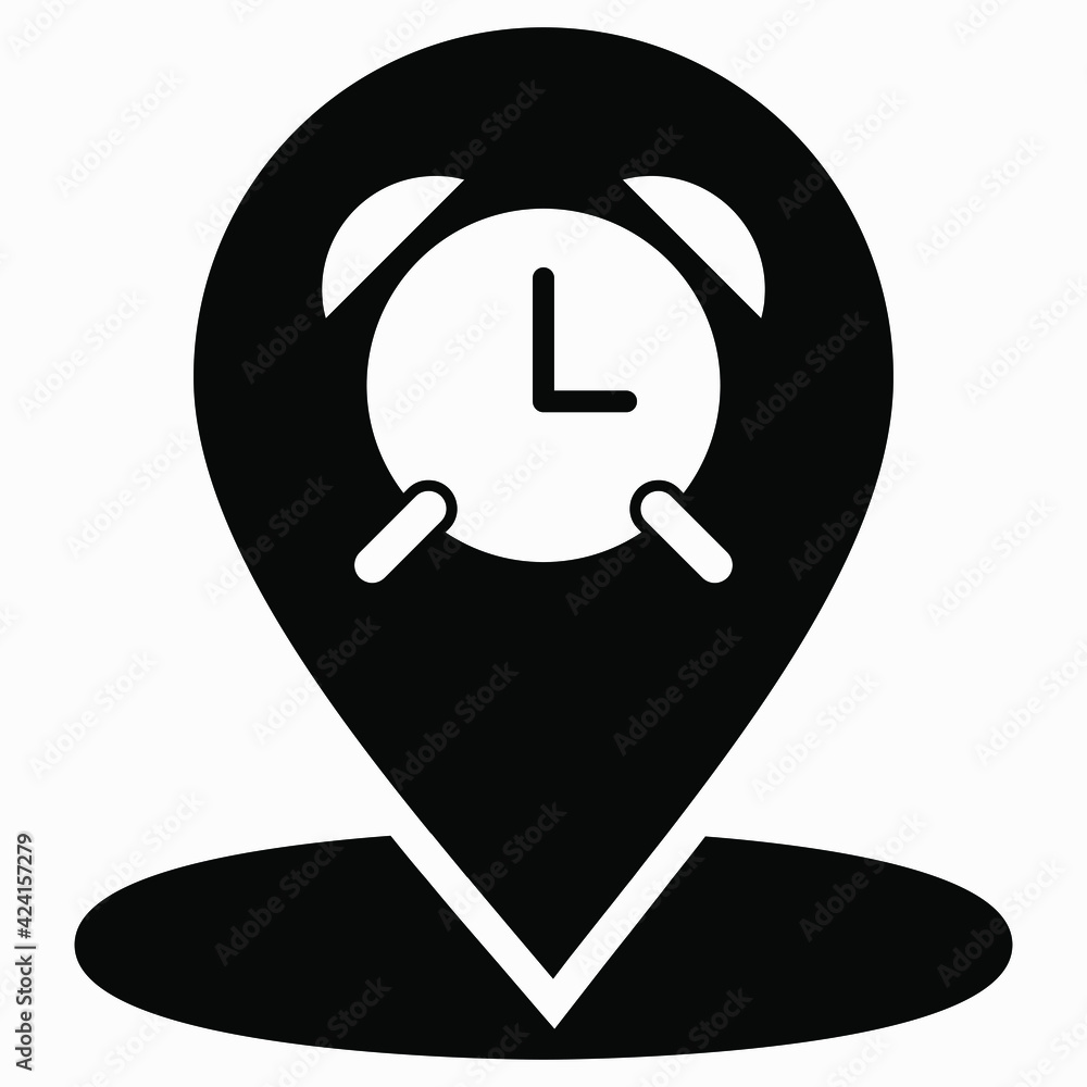 Location alarm clock icon. Travel time. Point of GPS. Location clock icon. Route reminder. Vector icon. Location alarm clock icon. Travel time. Point of GPS. Location clock icon. Route reminder. Vector icon.