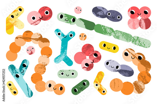 Cute lactic acid bacteria character. Probiotics. Good kawaii microorganism for gut, intestinal flora health. Bifidobacterium, lactobacillus, lactococcus, thermophilus streptococcus. Vector cartoon set