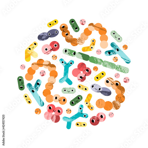 Cute lactic acid bacteria character. Probiotics. Good kawaii microorganism for gut, intestinal flora health. Bifidobacterium, lactobacillus, lactococcus, thermophilus streptococcus. Vector cartoon set