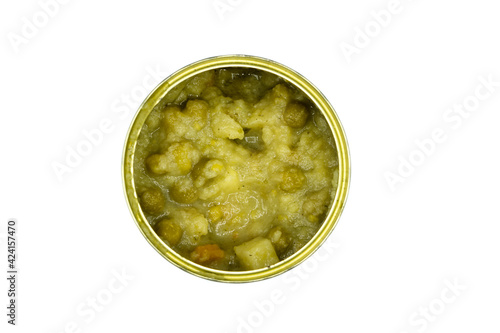 Pea soup in can top view isolated on white background