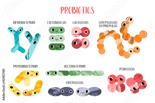 Cute lactic acid bacteria character. Probiotics. Good kawaii microorganism for gut, intestinal flora health. Bifidobacterium, lactobacillus, lactococcus, thermophilus streptococcus. Vector cartoon set