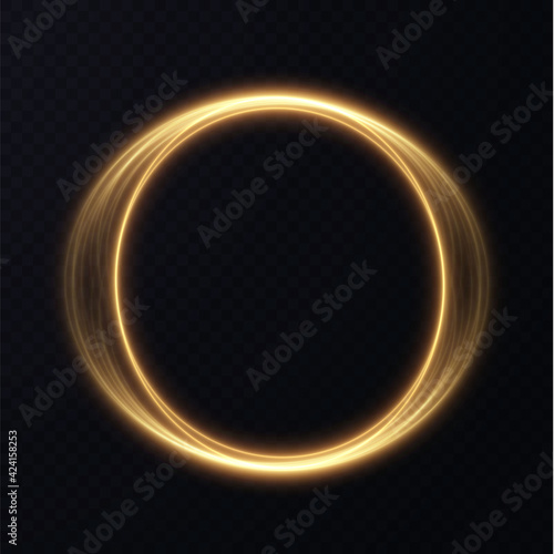 Abstract vector light effect of golden line of light. Movement light lines moving in a circle. Lighting equipment for advertising brochures, banners and materials. Golden circle light png. 