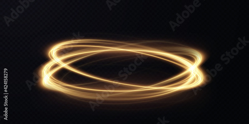 Golden circle light png. Luminous gold wavy line of light on a transparent background. Curve gold line png for games, video, photo, callout, HUD. Isolated vector illustration.