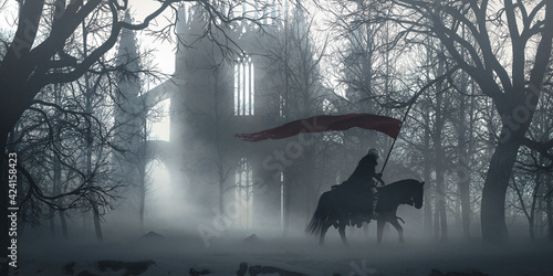 Photography Lone knight riding horse holding a red flag on a winter snowy landscape near an