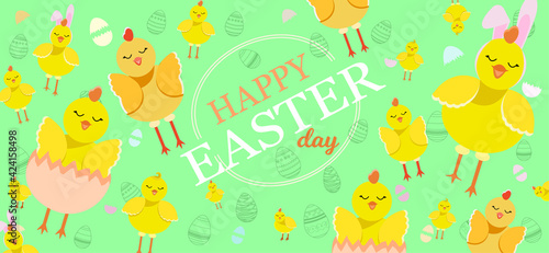 Flat picture for the holiday of Holy Easter. Light Christian Holiday. Green Background Chickens Different Funny. Funny Picture. Concept.Set.Cartoon.Bird