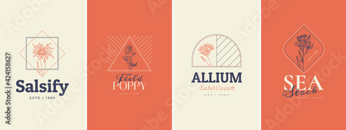 Abstract Flowers Vector Signs or Logo Templates. Retro Floral Illustration with Classy Typography. Feminine Logo. Modern Logo Template for florist, photographer, fashion blogger, design studio.