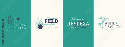 Abstract Flowers Vector Signs or Logo Templates. Retro Floral Illustration with Classy Typography. Feminine Logo. Modern Logo Template for florist, photographer, fashion blogger, design studio.