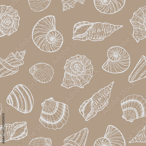 marine seamless pattern with seashell. summer time, sea, underwater, sea shells