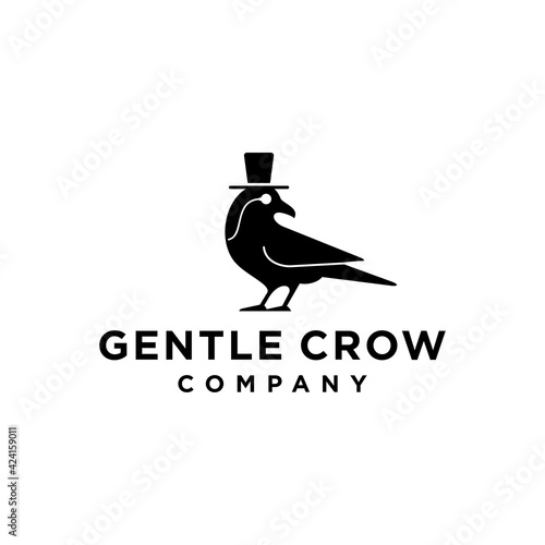 gentleman black raven crow with monocle glasses and bowler top hat icon logo design vector Illustration 