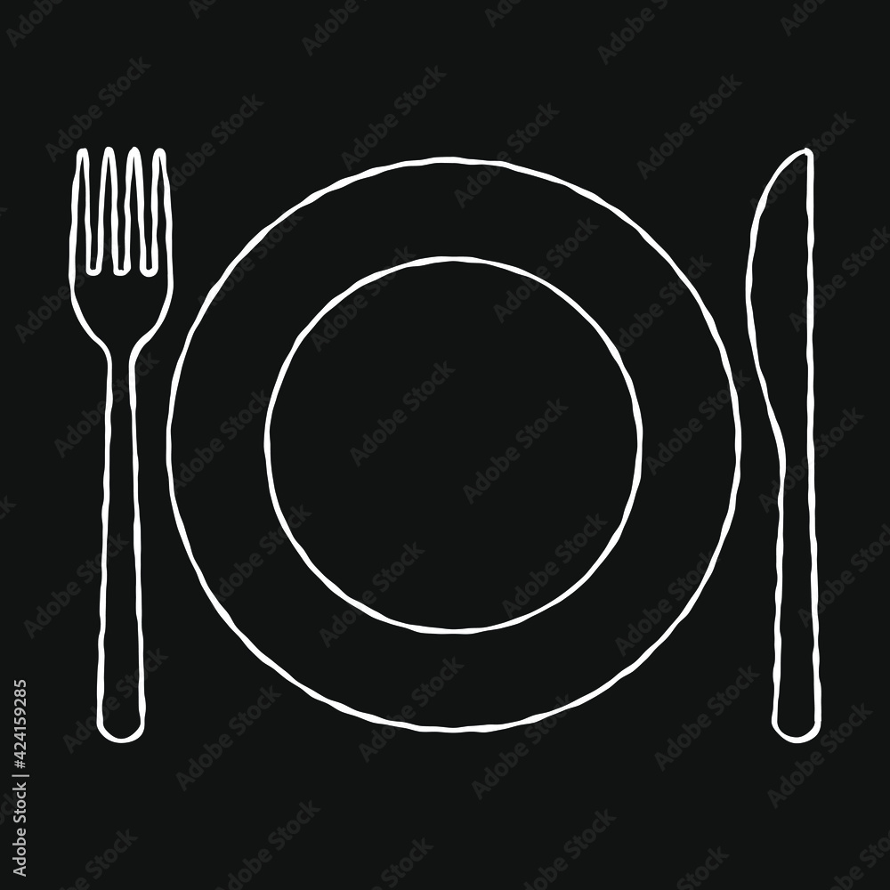 Fork knife and plate icon. Simple flat shape restaurant or cafe place ...