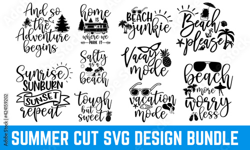 Summer Typography Design Bundle svg eps Files for Cutting Machines Cameo Cricut Summer inscription or lettering written with creative cursive font and decorated with hand drawn