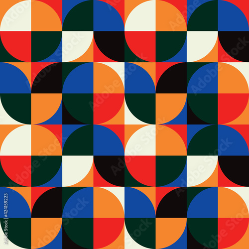 Seamless pattern vector design abstract and geometric with round shapes in an avant-garde bauhaus style with retro and vivid colors