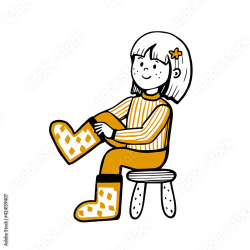 Girl Puts On Boots Vector Illustration.