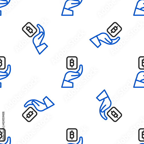 Line Hand holding Bitcoin icon isolated seamless pattern on white background. Blockchain technology, digital money market, cryptocoin wallet. Colorful outline concept. Vector