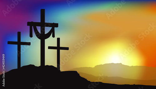 three crosses for crucifixion stand on Mount Golgotha against the background of sunrise 