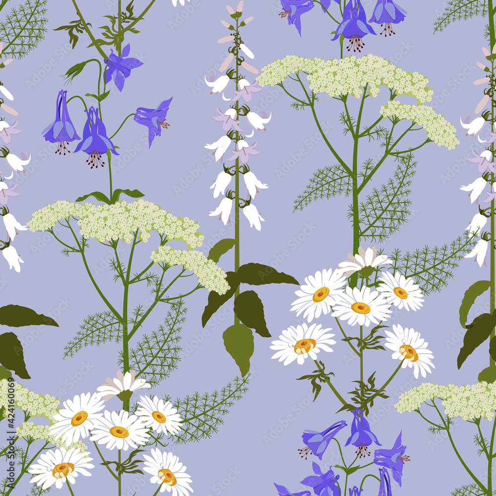 Seamless vector illustration with wildflowers on a blue background. For ...