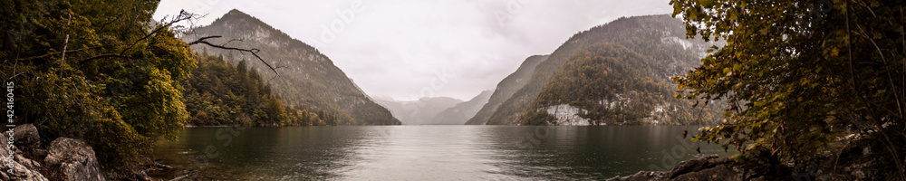 Panorama view lake Königssee in Bavaria, Germany