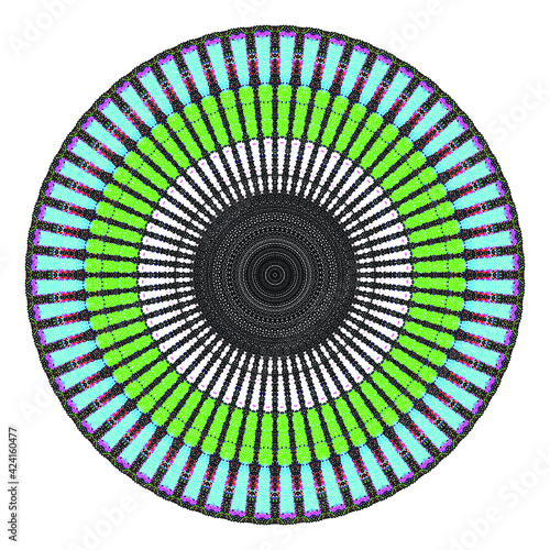 Creative multicolored points round symbol. Abstract symmetrical logo. Mosaic colorful beautiful beads. Circle dots modern pixel floral art icon. Colored pattern ornament wheel decorative illustration.