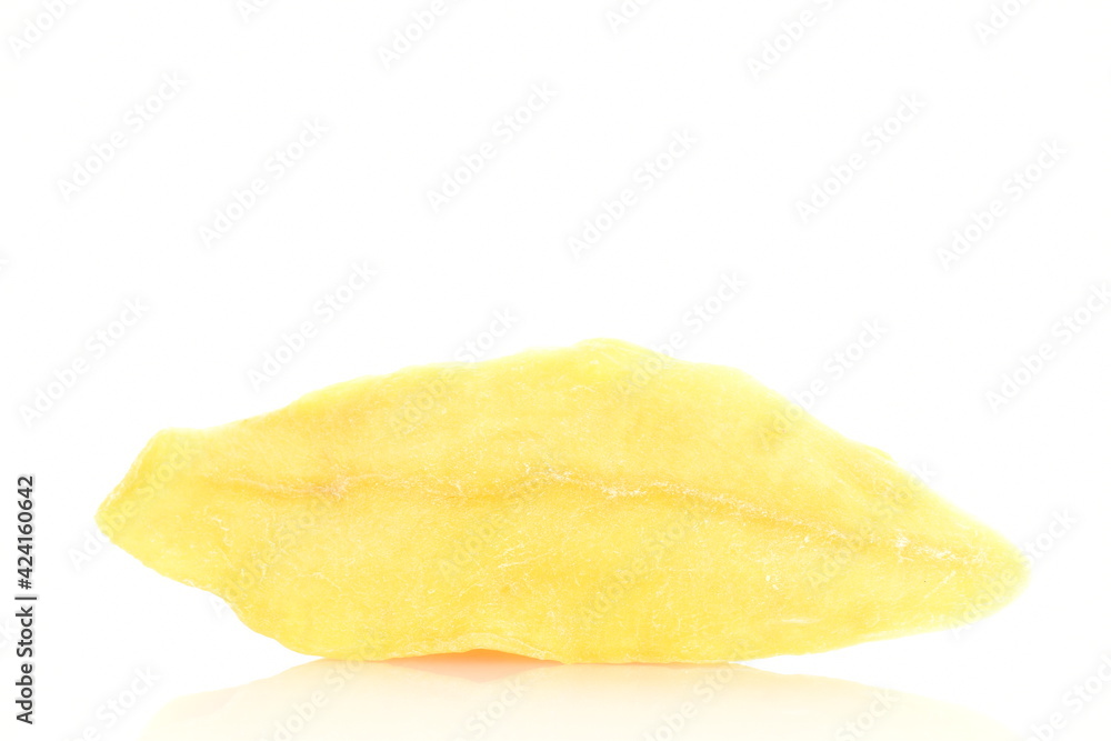 One slice of dry mango, close up, isolated on white. One slice of dry mango, close up, isolated on white.