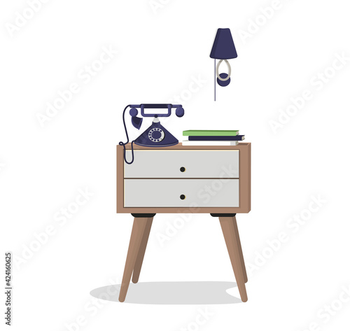 Wooden bedside table with books and a retro phone. An interior item. Design element, layout, illustration, print. Vector illustration.