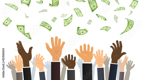 People hands catching falling bitcoin cryptocurrency from the sky. Money refund, winning cash, pay day on white background. Financial income cartoon vector illustration. 