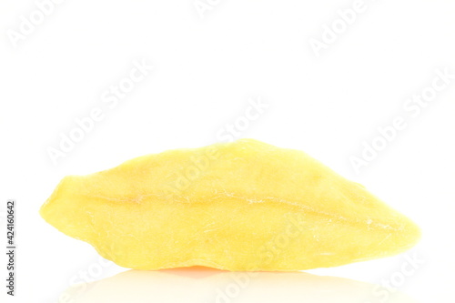 One slice of dry mango, close up, isolated on white.