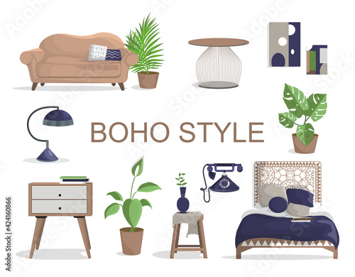 The interior of the bedroom in Boho style.A set of pieces of furniture. The bedroom is decorated in beige tones with blue and green accents.A bed with a large headrest. Interior items. Design element