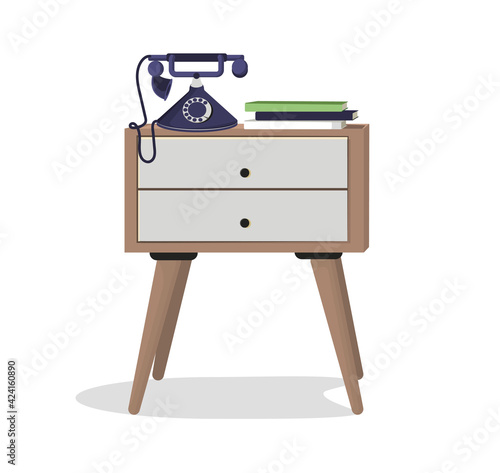 Wooden bedside table with books and a retro phone. An interior item. Design element, layout, illustration, print. Vector illustration.