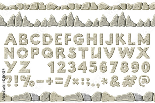 Cartoon rock alphabet font, punctuation marks. Stone age character letters. Seamless old gray borders. Capital letters and numbers isolated on white background. Vector objects.