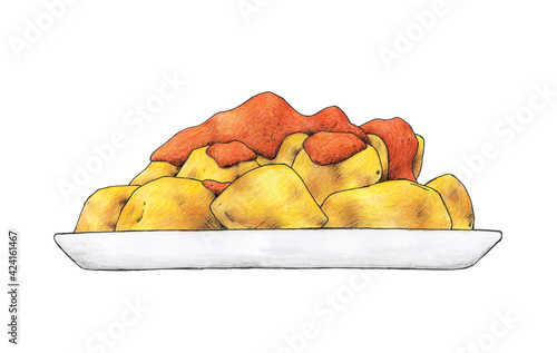 Patatas bravas, tapa típica española. Dibujo hecho a mano en perfil frontal. photo