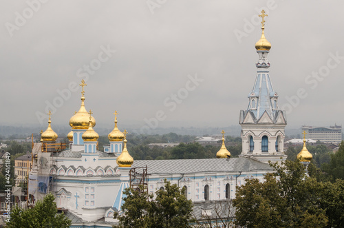 Daugavpils Borisoglebskiy Orthodox Cathedral, Latvia. Church with golden domes.