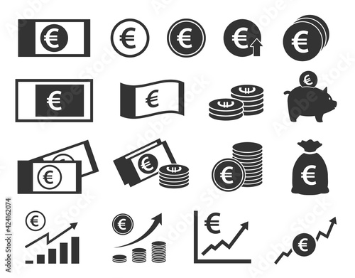 euro coins and banknotes icons, money signs set