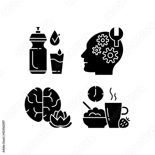Daily health care black glyph icons set on white space. Drinking enough water. Learning new skills. Practicing mindfulness. Change lifestyle. Silhouette symbols. Vector isolated illustration